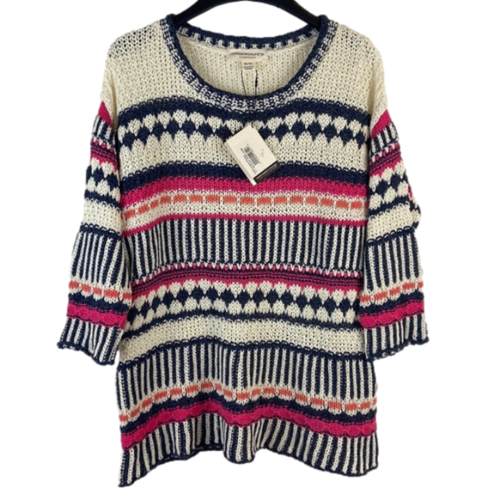 Cotton Country Cream Blue Pink Loose Open Knit Pullover Sweater Size Medium